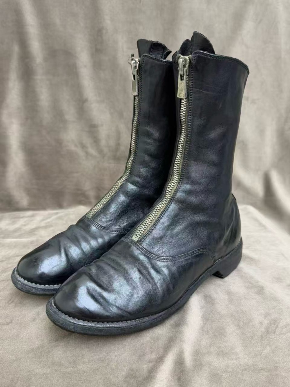 🚩steal Guidi Black Front-Zip Leather Mid-Calf Boots